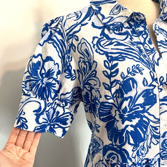 Crown & Ivy, Blue Floral Button Front Puff Sleeve, Shirt Dress,Pockets, Size M/L - Picture 2 of 16